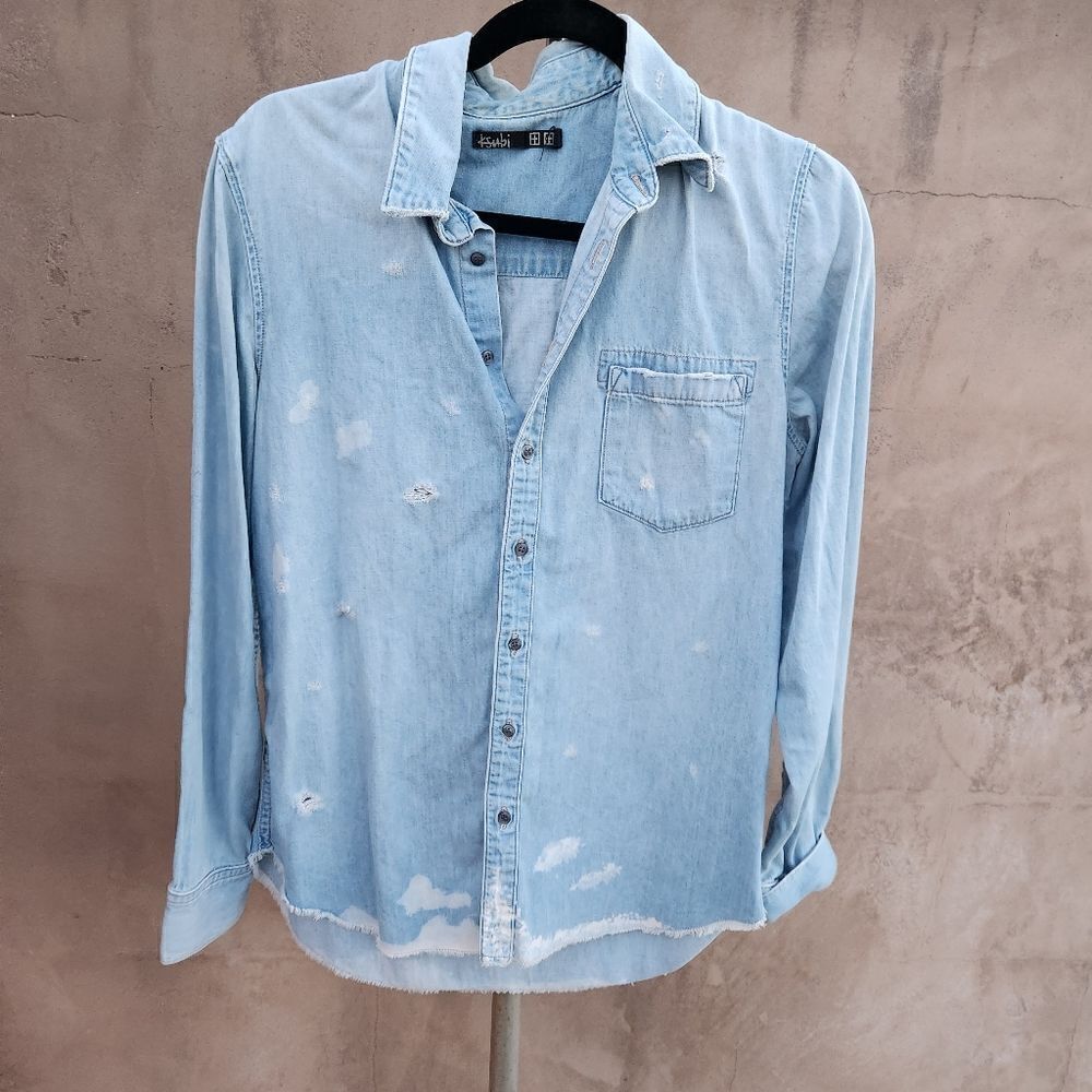 Distressed denim chambray shirt
